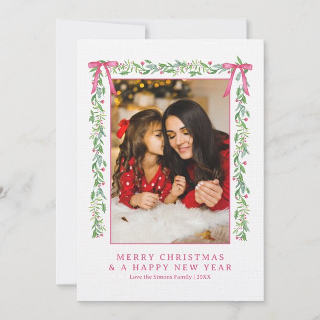 Grandmillennial Evergreen Swag with Bows | Photo Invitation (Front)