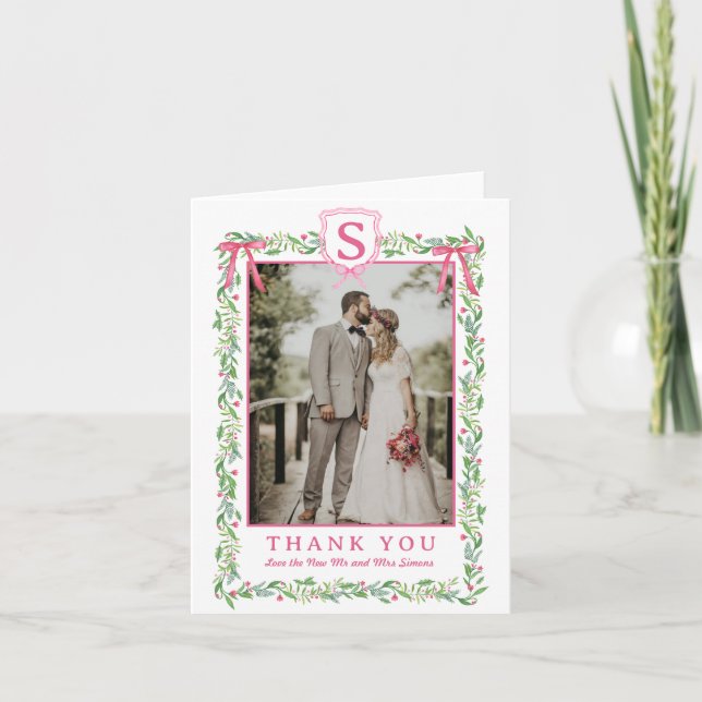 Grandmillennial Evergreen Swag with Bows | Photo Thank You Card (Front)