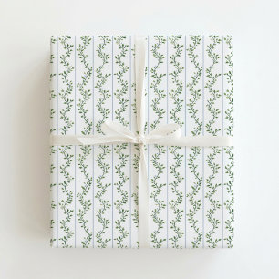 Grandmillennial Festive Green Vine Stripe Holiday Wrapping Paper