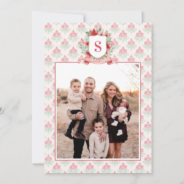Grandmillennial Floral Crest | Christmas Monogram Holiday Card (Front)