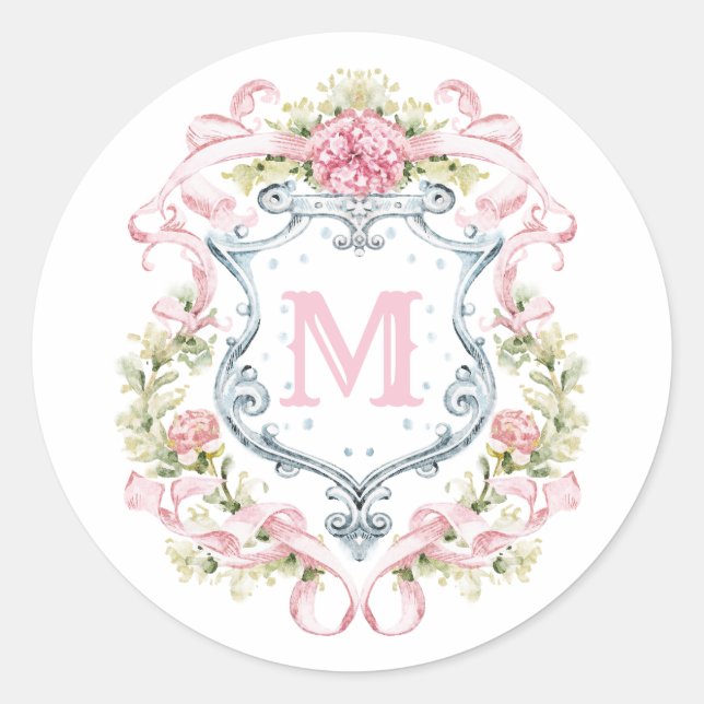 Grandmillennial Floral Crest Monogram | Bridal  Classic Round Sticker (Front)