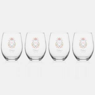 Grandmillennial Floral Crest Monogram Bridal Stemless Wine Glass