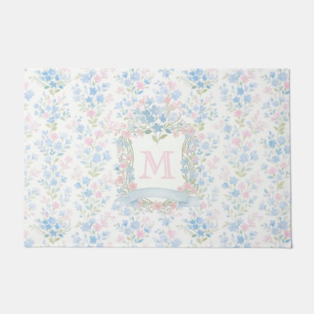 Grandmillennial Floral Monogram Personalized Doormat (Front)