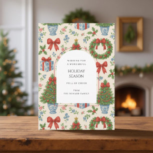 Grandmillennial Floral Pine Trees Bow Holiday Card