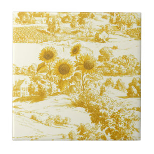 Grandmillennial Gold Sunflower Toile Pattern Ceramic Tile