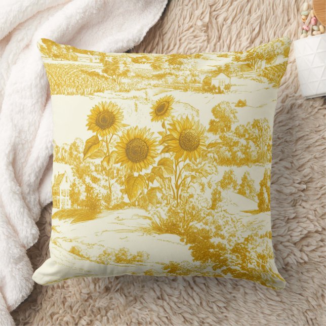Grandmillennial Gold Sunflower Toile Pattern Cushion (Blanket)
