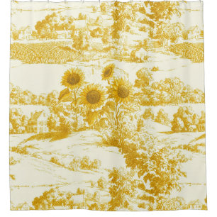 Grandmillennial Gold Sunflower Toile Pattern Shower Curtain