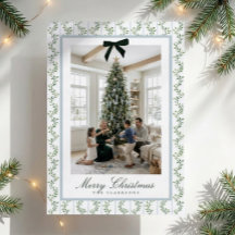 Grandmillennial Green Bow Christmas Photo Card