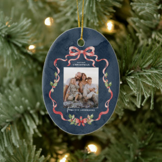 Grandmillennial Greenery Coquette Bow Wreath Photo Ceramic Ornament