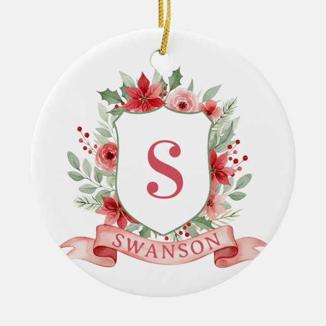 Grandmillennial Holiday Crest | Christmas Monogram Ceramic Ornament (Front)