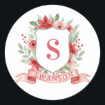 Grandmillennial Holiday Crest | Christmas Monogram Classic Round Sticker<br><div class="desc">This Christmas sticker has a preppy grandmillennial design featuring a floral crest surrounded with berries with a monogram letter in the center.</div>
