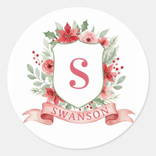 Grandmillennial Holiday Crest   Christmas Monogram Classic Round Sticker
