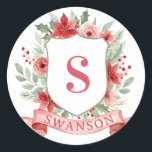 Grandmillennial Holiday Crest | Christmas Monogram Classic Round Sticker<br><div class="desc">This Christmas sticker has a preppy grandmillennial design featuring a floral crest surrounded with berries with a monogram letter in the center.</div>