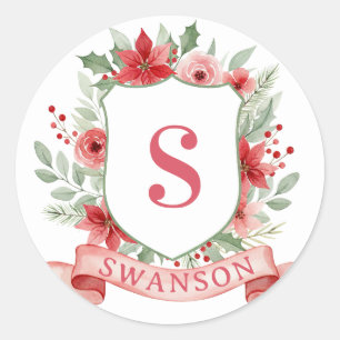 Grandmillennial Holiday Crest   Christmas Monogram Classic Round Sticker
