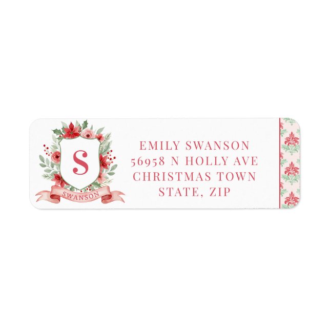 Grandmillennial Holiday Crest | Christmas Monogram Return Address Label (Front)