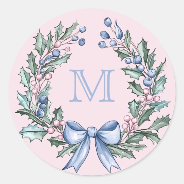 Grandmillennial  Holly Christmas Monogram Classic Round Sticker (Front)