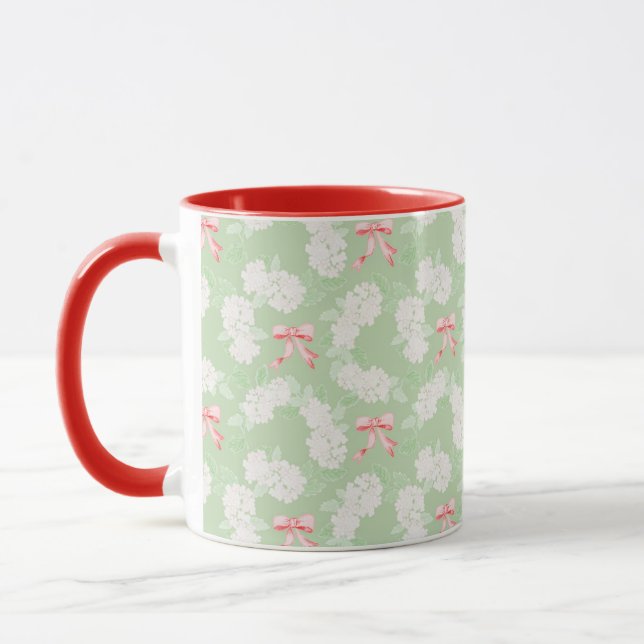 Grandmillennial Hydrangea & Bows Red Mug (Left)