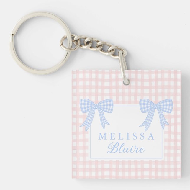 Grandmillennial Keychain Double Gingham Blue Bows  (Front)