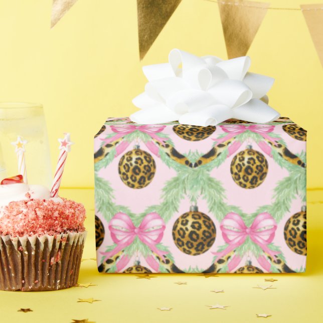 Grandmillennial Leopard Christmas  Ornament Wrapping Paper (Birthday Party)