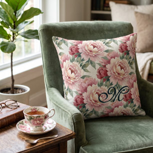 Grandmillennial Peonies Blush Cream Monogram Cushion