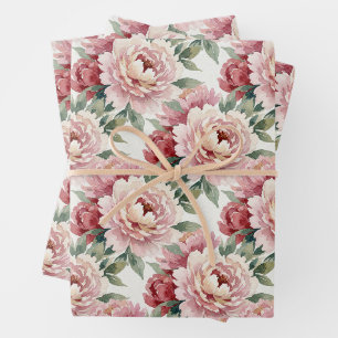 Grandmillennial Peonies Blush Cream Set of Wrapping Paper Sheet