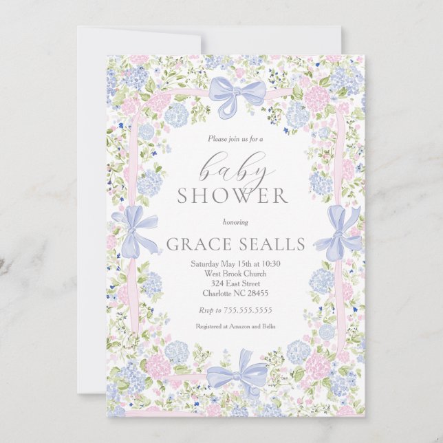 Grandmillennial Pink and Blue baby shower invite (Front)