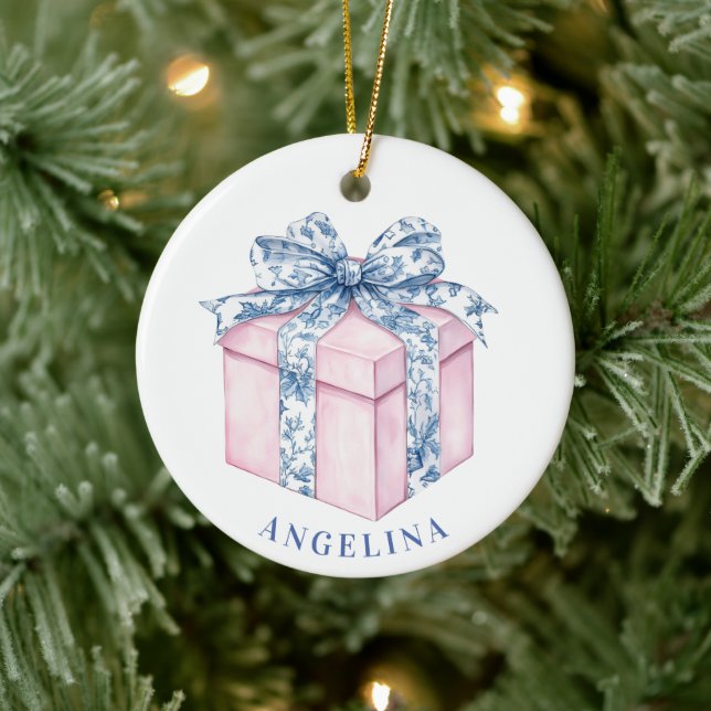 Grandmillennial Pink and Blue Damask Present Ceramic Ornament (Tree)