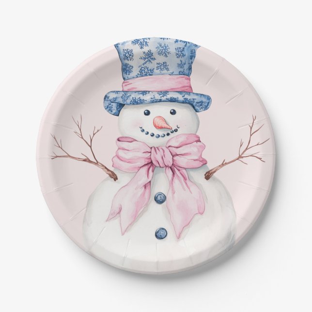 Grandmillennial Pink and Blue Damask Snowman Paper Plate (Front)