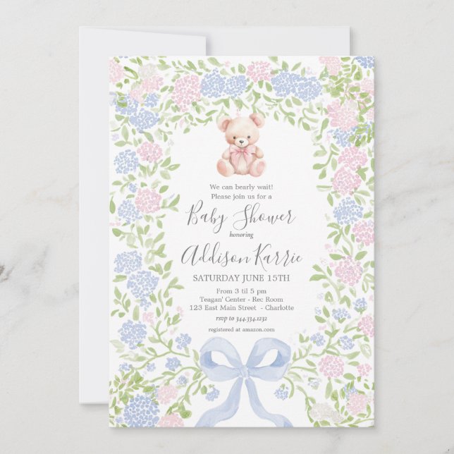 Grandmillennial pink  Bear baby shower invite (Front)