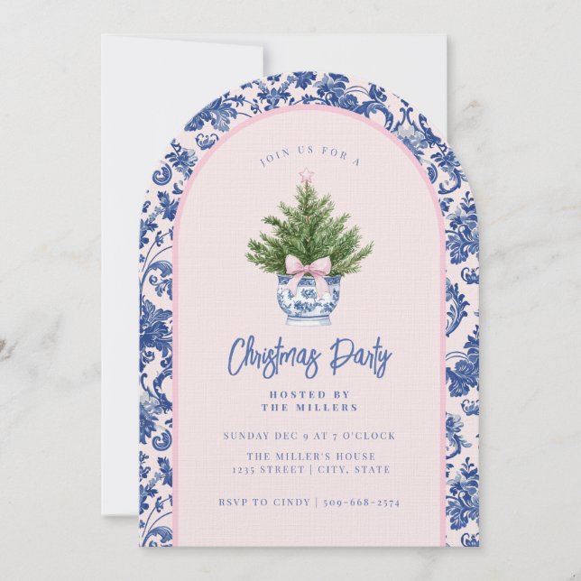 Grandmillennial Pink & Blue Damask Christmas Tree  Invitation (Front)