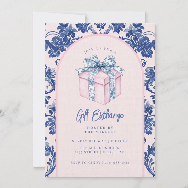 Grandmillennial Pink & Blue Damask Gift Invitation (Front)