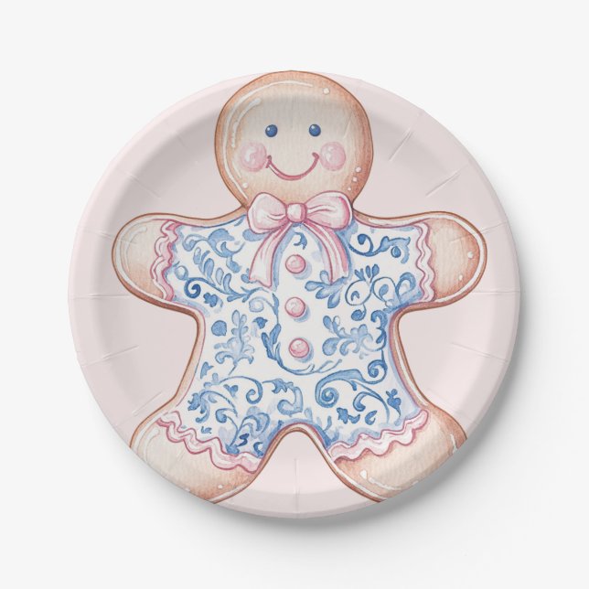 Grandmillennial Pink & Blue Damask Gingerbread Man Paper Plate (Front)