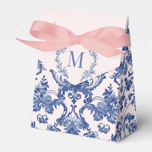 Grandmillennial Pink & Blue Damask Monogram Favour Box (Front Side)
