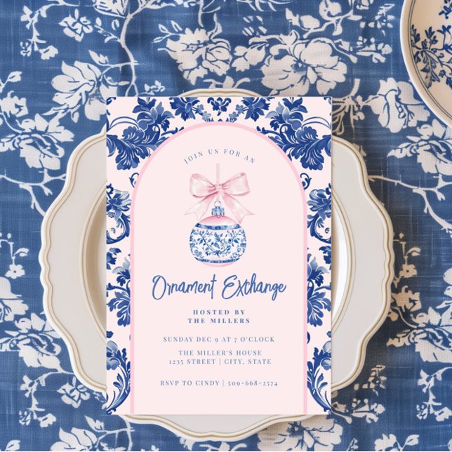Grandmillennial Pink & Blue Damask Ornament Invitation (Creator Uploaded)