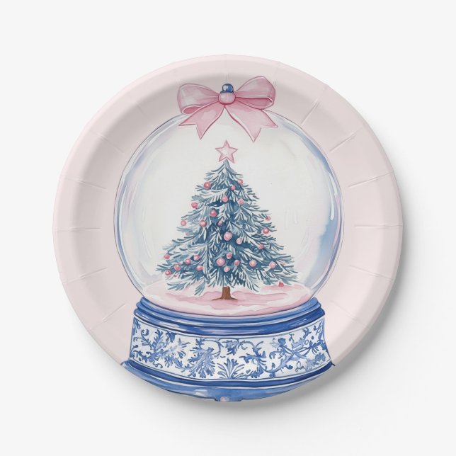 Grandmillennial Pink & Blue Damask Snow Globe Paper Plate (Front)