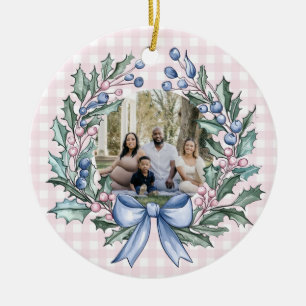 Grandmillennial Pink & Blue Holly Christmas Photo Ceramic Ornament