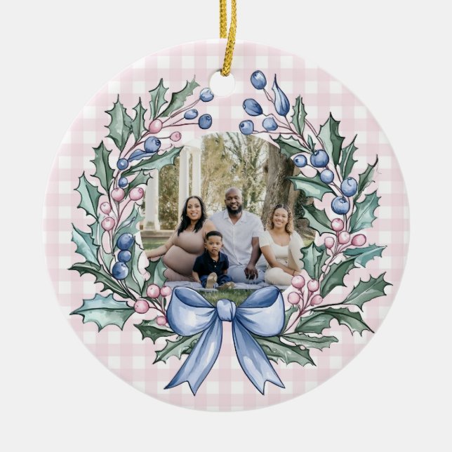 Grandmillennial Pink & Blue Holly Christmas Photo Ceramic Ornament (Front)
