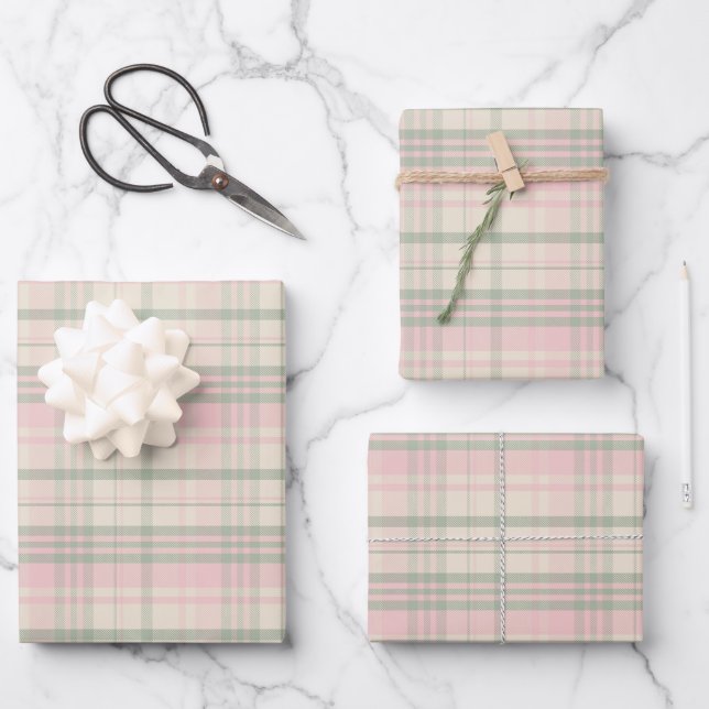 Grandmillennial Pink Green Plaid Pattern Wrapping Paper Sheet (Front)