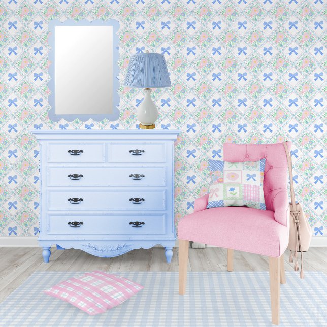 Grandmillennial preppy floral blue bows Trellis Wallpaper (Creator Uploaded)