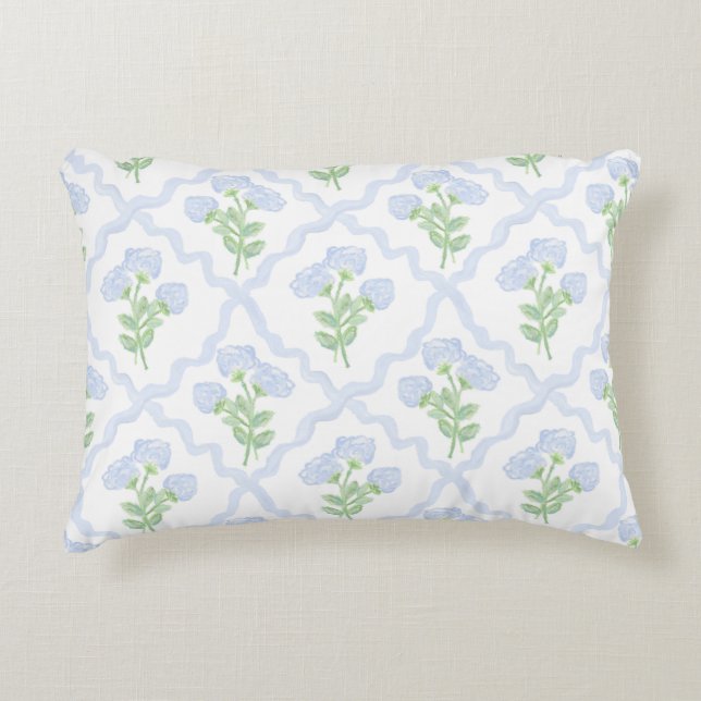 Grandmillennial Preppy Hydrangeas Trellis Decorative Cushion (Front)
