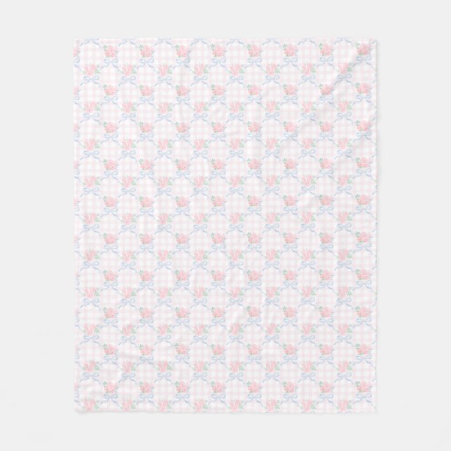Grandmillennial Preppy Pink Bows Flowers Fleece Blanket (Front)