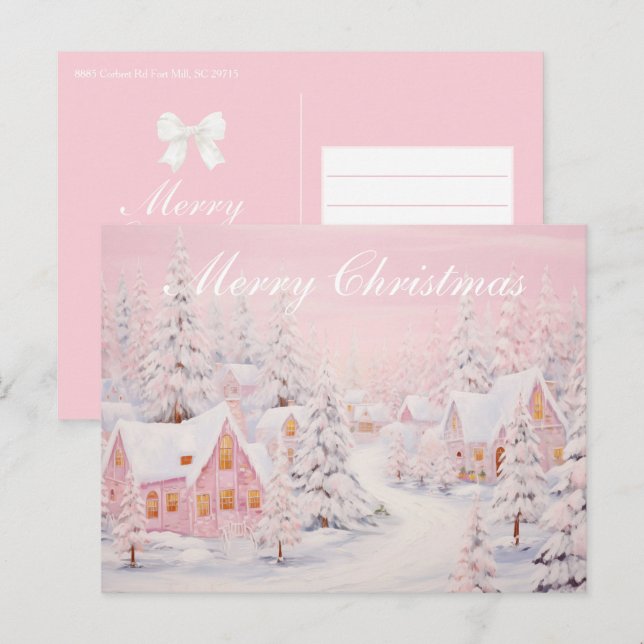 Grandmillennial Preppy Pink Christmas Village  Holiday Postcard (Front/Back)