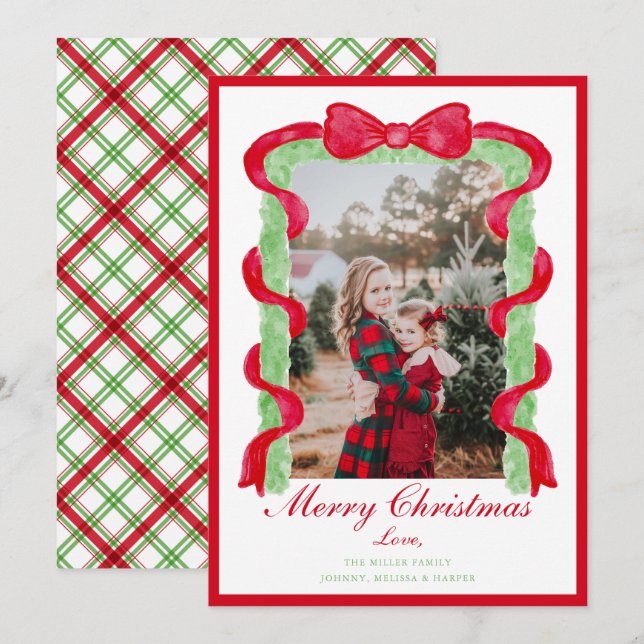 Grandmillennial Preppy Red Bow Garland Photo Holiday Card (Front/Back)