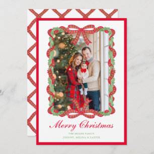 Grandmillennial Preppy Red Tartan Bow Garland  Holiday Card