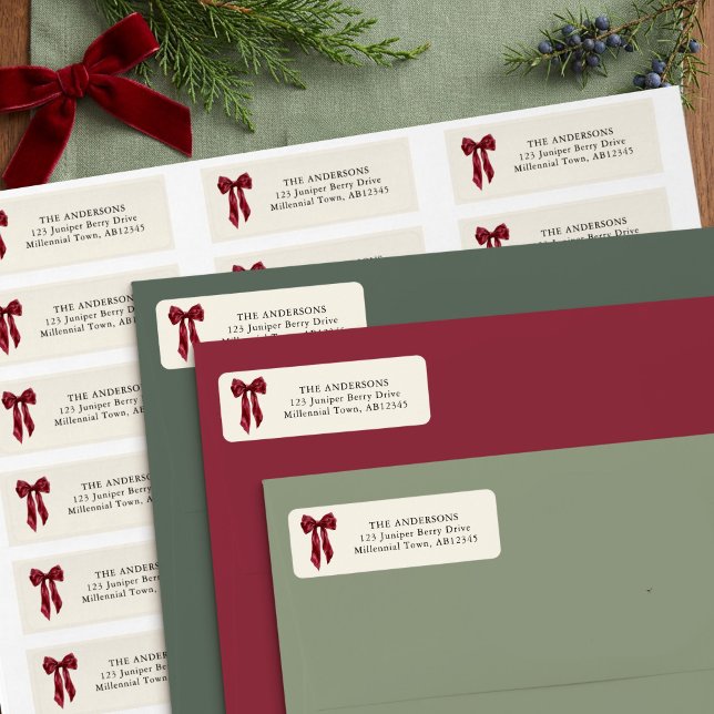 Grandmillennial Red Bow Return Address Holiday Label (Red Bow Address Labels from the Grandmillenial Botanical Bow Christmas collection by Darling & May)