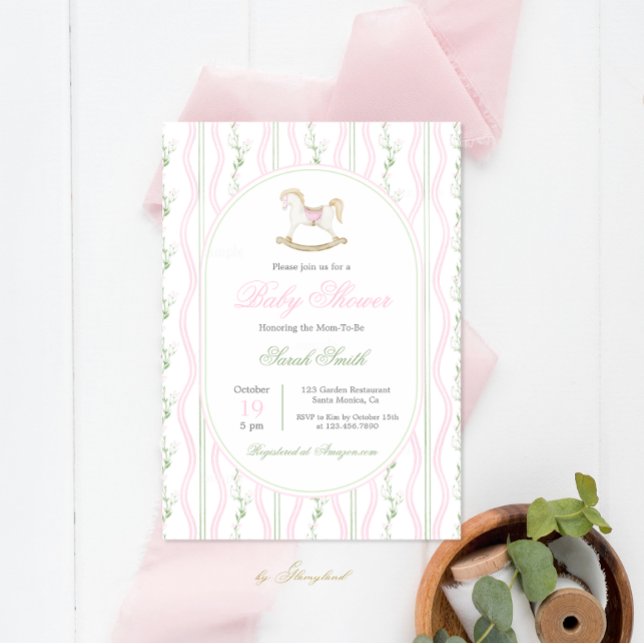 Grandmillennial Rocking Horse Baby Shower Girl Invitation (Creator Uploaded)