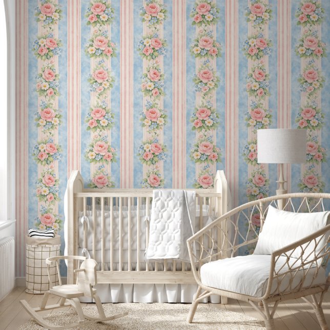 Grandmillennial Stripe Floral Blue Pink Wallpaper (Kids)