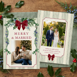 Grandmillennial Stripe Merry Married Photo Holiday Card