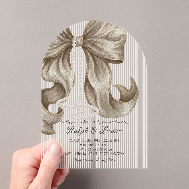 Grandmillennial Striped Bow Girl Baby Shower Acrylic Invitations (Insitu (Handheld))