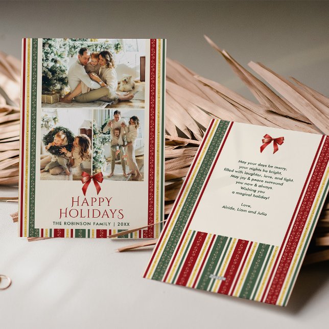 Grandmillennial Stripes Bow Merry Christmas  Photo Holiday Card (Creator Uploaded)